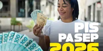 Mulher sorridente segura diversas notas de dinheiro em frente a banco