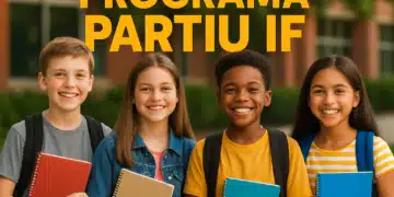 Quatro estudantes sorrindo com mochilas e cadernos, com o texto 'PROGRAMA PARTIU IF' acima.