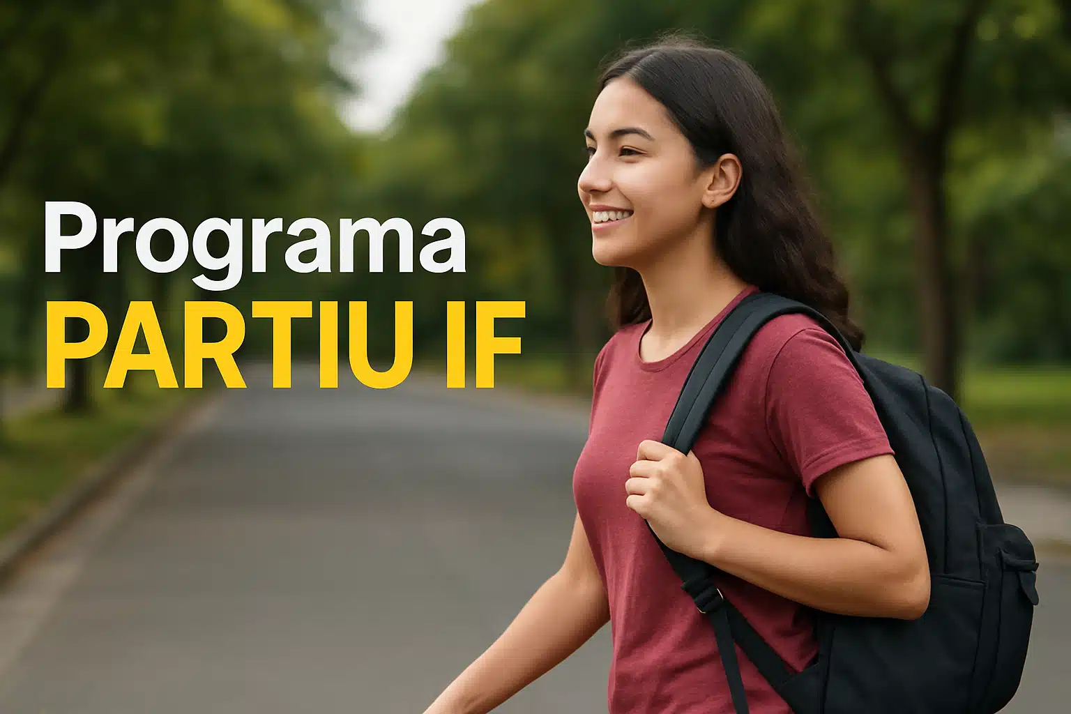Programa Partiu IF. Jovem sorridente com mochila ao lado do texto Programa Partiu IF.