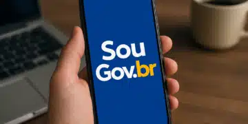 Pessoa segurando celular com o aplicativo SouGov.br aberto na tela.
