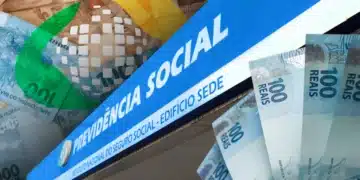 Imagem mostra fachada da Previdência Social e notas de dinheiro, representando benefícios pagos pelo INSS e a antecipação de pagamentos para segurados em determinadas cidades.