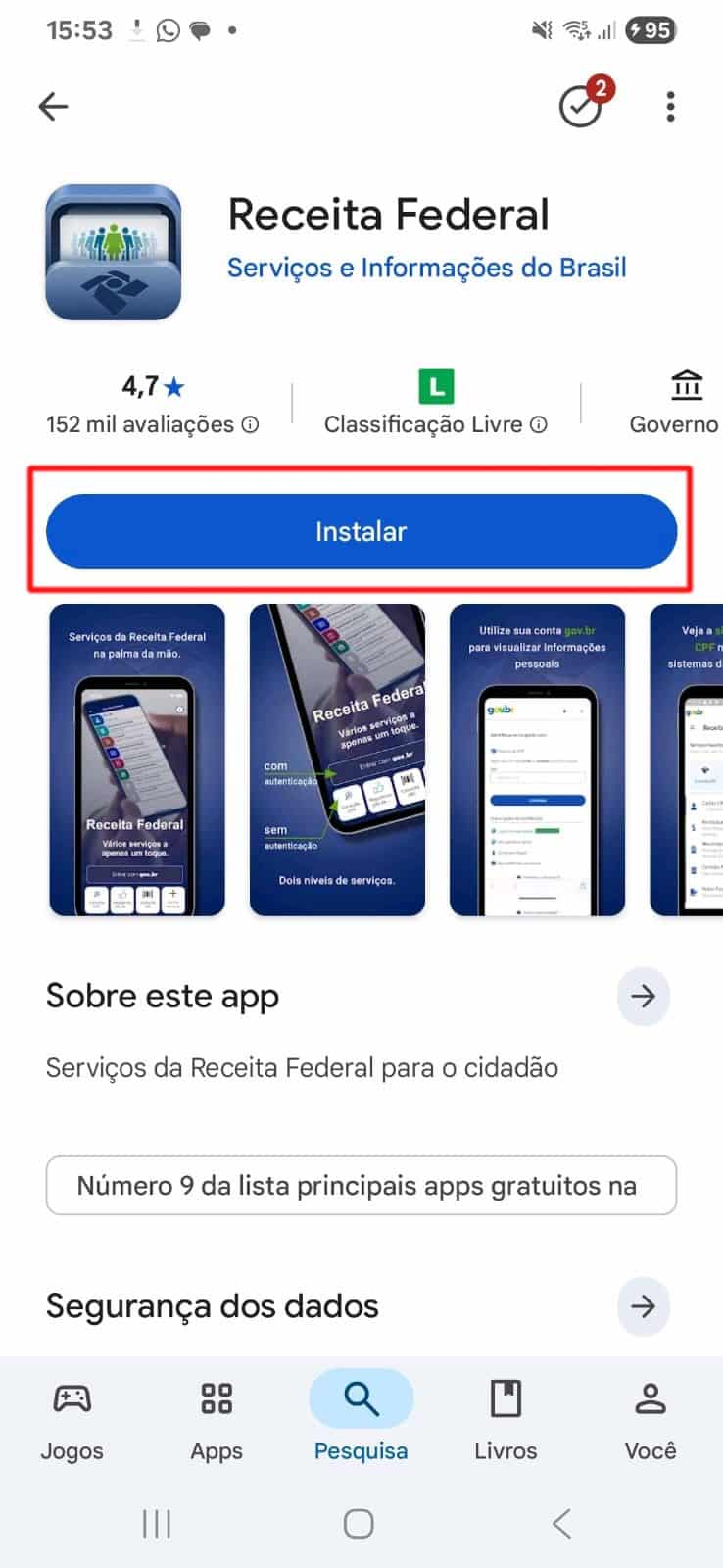 Tela do Google Play mostrando o aplicativo Receita Federal com botão instalar em destaque