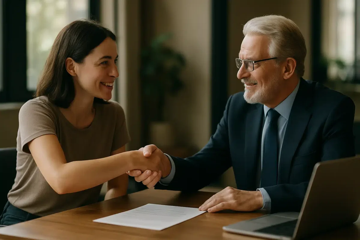 O que fazer quando não há banco de horas suficiente — acordo entre empregado e empregador Mulher e homem de terno apertando as mãos sobre mesa com documento — acordo sobre banco de horas insuficiente