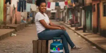 Mulher sorrindo sentada em comunidade ao lado de botijão do Gás do Povo