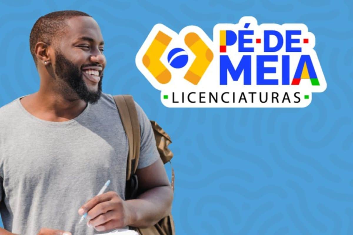 Estudante ao lado do logo do programa Pé-de-Meia Licenciaturas representando a inscrição no benefício educacional.