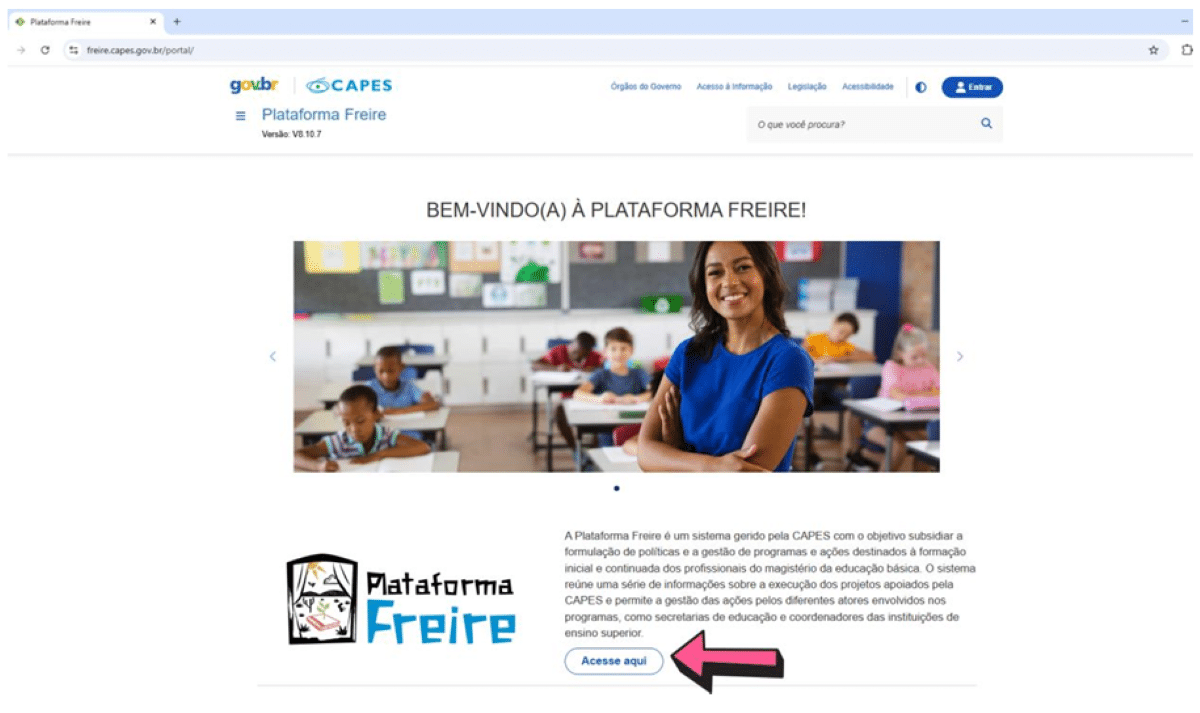 Tela inicial da Plataforma Freire da Capes com botão de acesso, usada para cadastro no Pé-de-Meia Licenciaturas 2026.