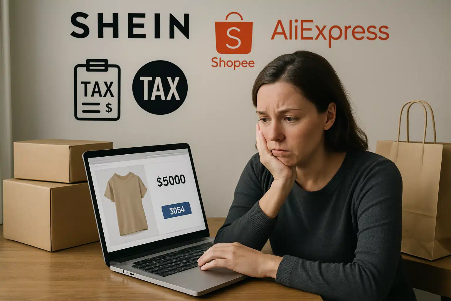 Preocupação com impostos em compras online internacionais Mulher preocupada em frente a notebook com preço alto de produto, caixas e sacola, com logos de Shein, Shopee, AliExpress e ícones de impostos ao fundo