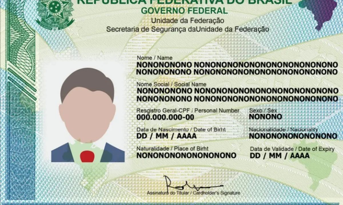Modelo da nova Carteira de Identidade Nacional que será exigida gradualmente em serviços públicos no Brasil.
