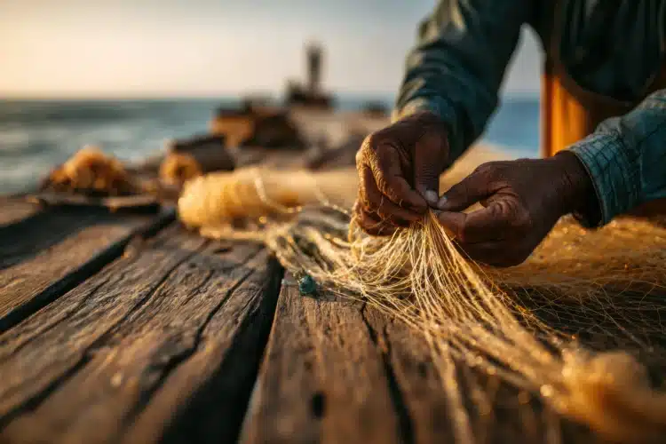Seguro-defeso 2026 Mãos de pescador consertando rede dourada sobre madeira perto do mar ao entardecer