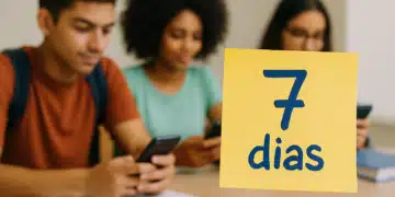 Três estudantes sentados, usando celulares, com um papel amarelo escrito '7 dias' em destaque
