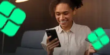 Mulher sorrindo com celular e cartão na mão rodeada de ícones do Pix — nova validação do Pix para restituição do IR 2026