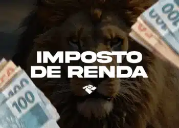 Leão da Receita Federal com cédulas de reais e texto Imposto de Renda em destaque