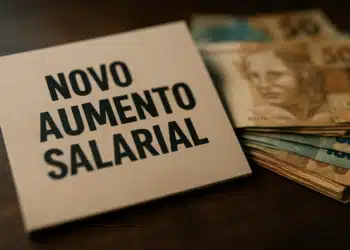 Placa com os dizeres 'Novo Aumento Salarial' ao lado de maço de cédulas de reais sobre mesa escura