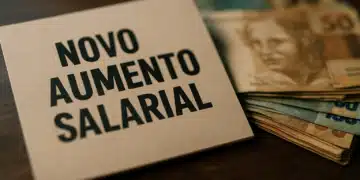 Placa com os dizeres 'Novo Aumento Salarial' ao lado de maço de cédulas de reais sobre mesa escura