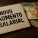 Placa com os dizeres 'Novo Aumento Salarial' ao lado de maço de cédulas de reais sobre mesa escura