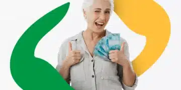 Mulher idosa sorrindo e fazendo sinal de positivo enquanto segura notas de cem reais na mão