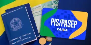Carteira de trabalho, notas de R$ 100, moedas e cartão PIS/Pasep da Caixa sobre bandeira do Brasil, representando o ressarcimento do fundo esquecido disponível em 2026.