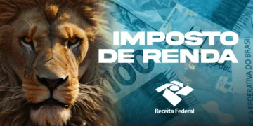 Leão olhando fixo ao lado de notas de cem reais e logotipo da Receita Federal