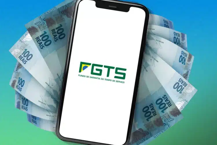 Saque calamidade 2026 Smartphone com logo do FGTS em destaque e notas de 100 reais ao fundo