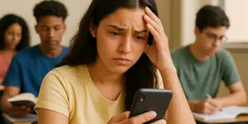 Estudante com expressão preocupada observa o celular, mão na cabeça, colegas ao fundo