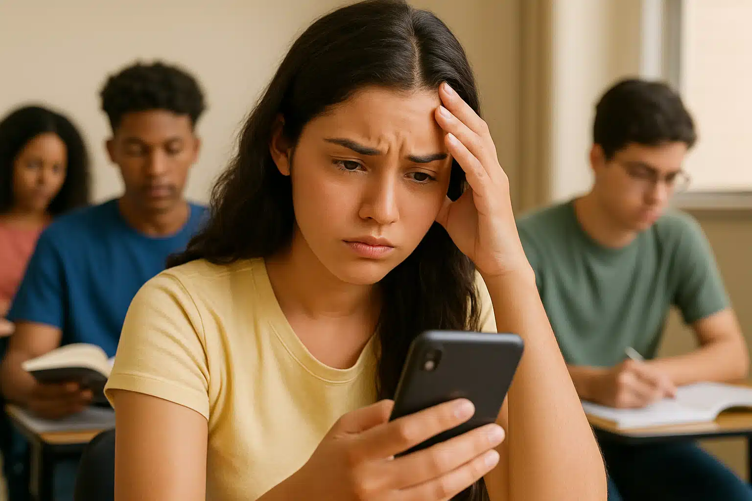 Jovem preocupada verifica saldo do Pé-de-Meia em sala de aula Estudante com expressão preocupada observa o celular, mão na cabeça, colegas ao fundo