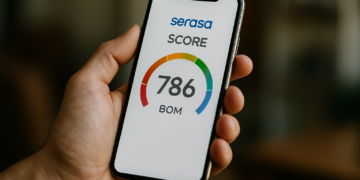 Pessoa segura celular mostrando pontuação 786 e status "bom" no app Serasa.