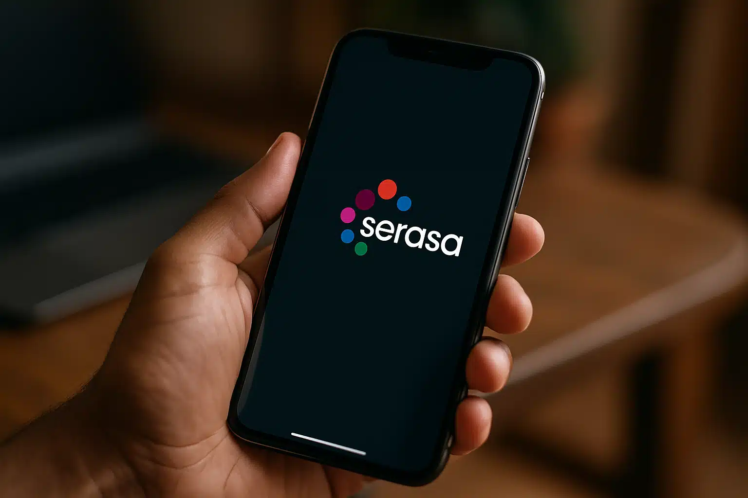 Serasa Score. Homem segurando celular.