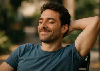 Homem relaxando ao ar livre com olhos fechados e sorrindo — como emendar Tiradentes e Dia do Trabalho para ter até 9 dias de folga em 2026