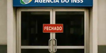 Agência do INSS fechada com placa vermelha na porta de vidro.