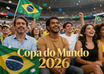 Torcida brasileira celebra na Copa do Mundo 2026 com bandeiras.