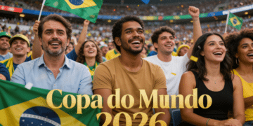 Torcida brasileira celebra na Copa do Mundo 2026 com bandeiras.