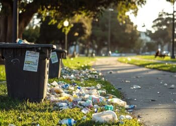 Lixeira transbordando com resíduos plásticos espalhados em parque.