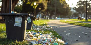 Lixeira transbordando com resíduos plásticos espalhados em parque.