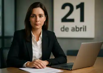 Executiva em reunião no escritório no dia 21 de abril.