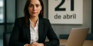 Executiva em reunião no escritório no dia 21 de abril.