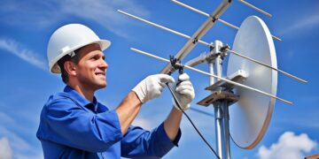 Técnico ajusta antena parabólica no telhado.