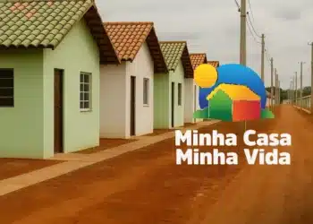 Conjunto de casas populares com paredes claras e telhados cerâmicos ao lado de rua de terra, logo Minha Casa Minha Vida.