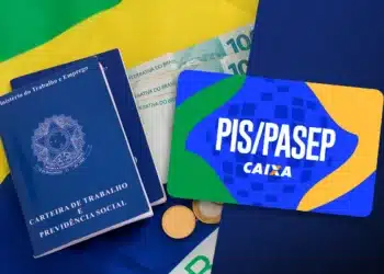 Carteira de Trabalho, cédulas de 100 reais, moedas e cartão PIS/Pasep sobre a bandeira do Brasil