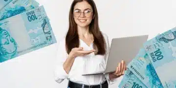 Jovem estudante com laptop cercada por notas de 100 reais.