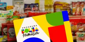Cartão do Programa Bolsa Família colorido posicionado sobre mesa, com garrafas de óleo e alimentos embalados ao fundo.