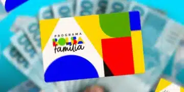 Cartão do Programa Bolsa Família em destaque sobre notas de reais ao fundo, representando o pagamento antecipado do benefício em abril de 2026 para famílias em situação de emergência
