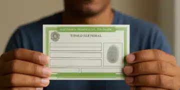 Homem de camiseta azul-escuro segura título eleitoral com impressão digital visível e bordas verdes