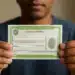 Homem de camiseta azul-escuro segura título eleitoral com impressão digital visível e bordas verdes