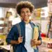 Jovem estudante negro com cabelo afro sorrindo, utilizando mochila e segurando cadernos coloridos em biblioteca.