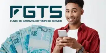 Homem utilizando celular com dinheiro em mãos representando uso do saldo do FGTS