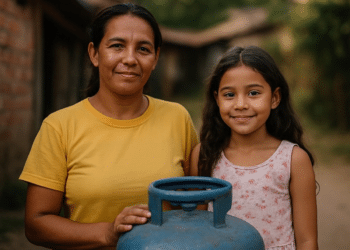Mulher com camiseta amarela escrita 'Bolsa Família' ao lado de uma menina, ambas sorrindo, com um botijão de gás à frente