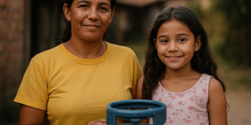 Mulher com camiseta amarela escrita 'Bolsa Família' ao lado de uma menina, ambas sorrindo, com um botijão de gás à frente