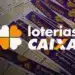 Logo das Loterias Caixa em branco e laranja sobre volantes roxos da loteria +Milionária.