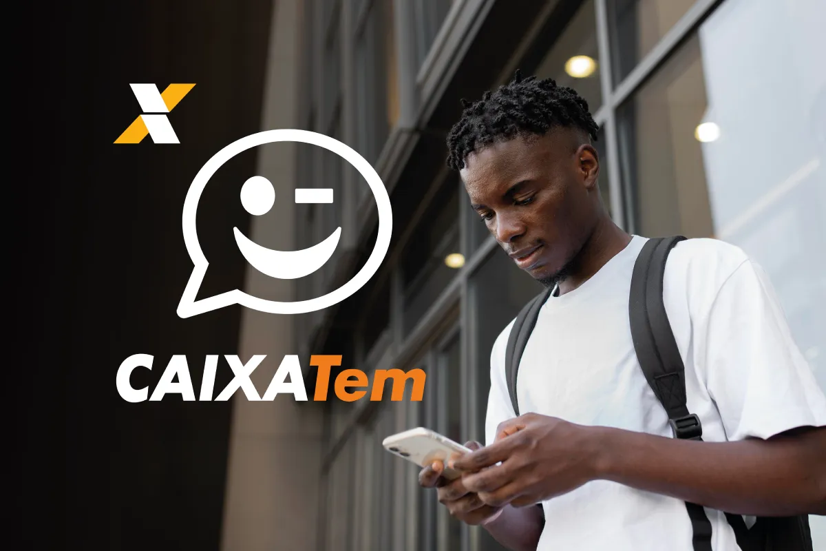 Caixa Tem - Problemas de acesso Usuário com celular nas mãos, tentando acessar o app Caixa Tem, com a logo do aplicativo ao lado