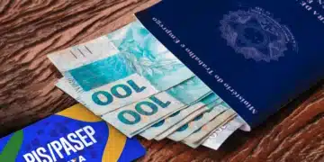 Carteira de trabalho azul do Ministério do Trabalho sobre notas de R$ 100 ao lado de cartão PIS/Pasep da Caixa.
